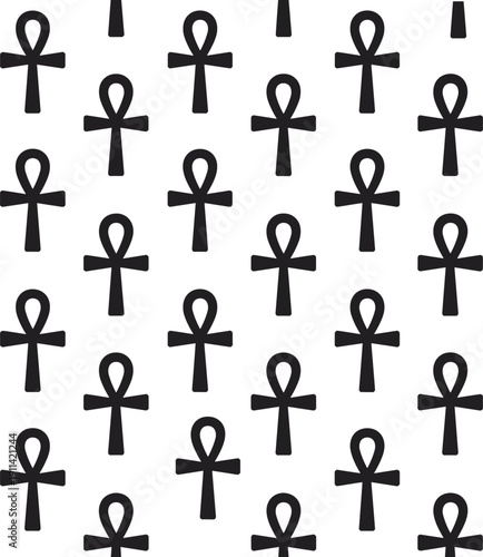 Seamless pattern of Egyptian ankh symbols, ancient hieroglyphic life sign, black flat vector CAD drawing, cultural design, sacred icon repeating artwork