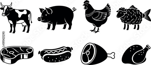 Vector collection of black silhouette farm animals and meat food icons including cow pig chicken steak and sausage.