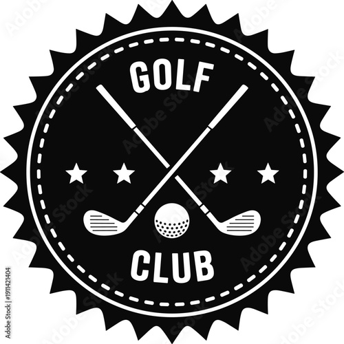 Vintage golf club emblem, crossed clubs and ball, circular badge design, flat vector CAD drawing, sports logo artwork for golfing organization branding