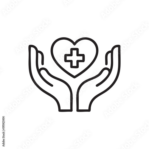 A pair of hands cradling a heart with a medical cross symbol, representing care and protection of health, from a straightforward frontal viewpoint.