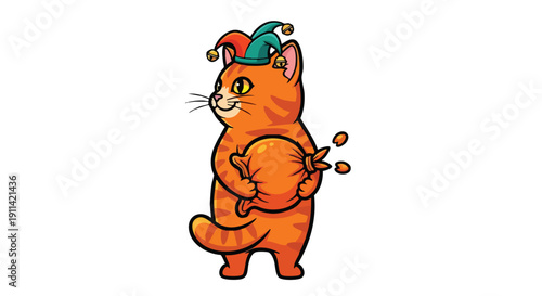 Orange tabby cat wearing a jester hat holding a bag.