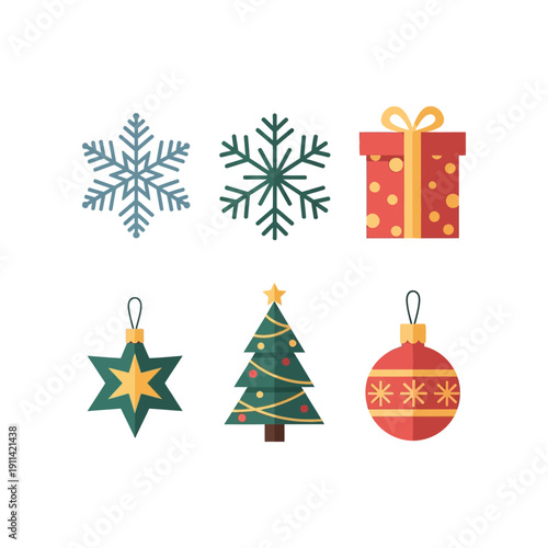 Christmas decorations and gifts on a white background with snowflakes falling gently.