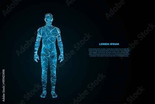 A futuristic digital illustration of a human male figure rendered in glowing blue wireframe polygons