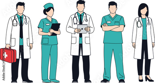 Healthcare professionals team illustration, doctors and nurses characters, hospital medical staff collaboration, modern flat vector design, clinical teamwork concept