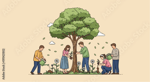 People planting trees and flowers together under a large tree.
