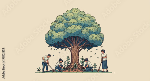 People planting trees under a large tree.