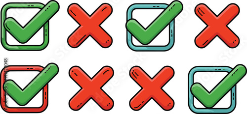 Colorful Checkmark and Cross Icon Set, Cartoon Style Green Tick and Red X Button Symbols Vector
