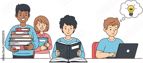 Students studying together at a table with books and laptops, collaborative learning environment from a straightforward viewpoint.