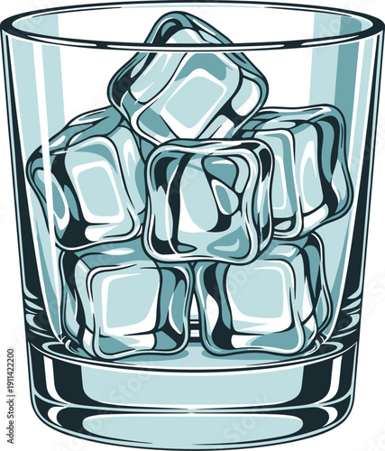 A clear glass tumbler filled with large transparent ice cubes in a stylized