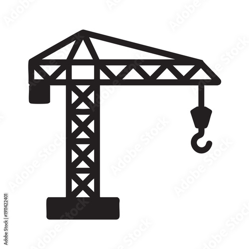 A black crane illustration standing tall against a plain background viewed from the side with its hook suspended in mid-air ready for lifting heavy loads in construction sites