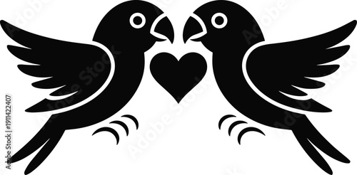 PrintLovebirds silhouette vector icon with heart symbol isolated on white background for Valentines Day wedding romance and digital design,