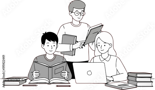 Students collaborating on a project with books and laptop on a table viewed from the front