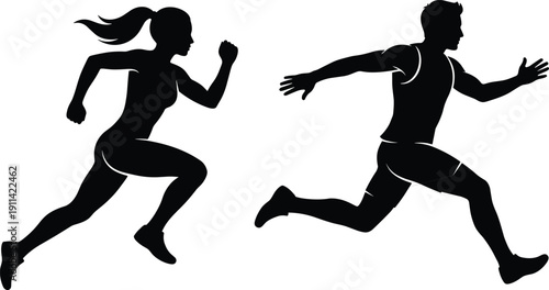 Male and female running silhouettes, athletic sprinter figures in motion, dynamic fitness exercise vector isolated on white background
