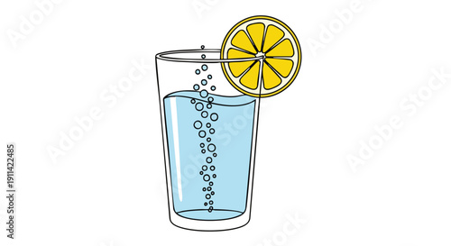 Refreshing Glass of Sparkling Water with Lemon Slice.