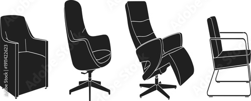Modern office chair silhouette vector icon set with armchair and executive seat isolated on white background for interior design,