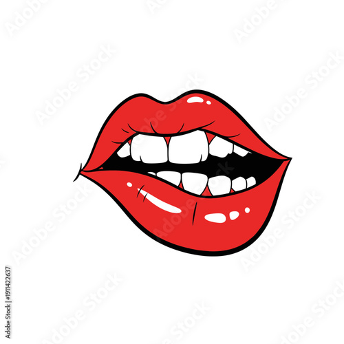 Vibrant Red Lips Biting Lower Lip, Expressive Mouth, Pop Art Style