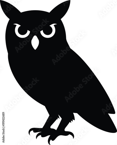 PrintOwl silhouette perched with large eyes, minimal design, wildlife bird illustration, forest animal, nocturnal creature, nature symbol artwork