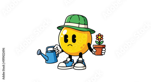 Sad Smiley Face Gardener Watering a Small Flower Pot.