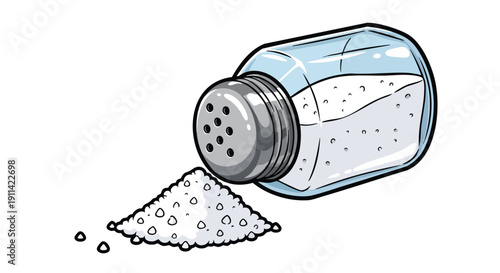Salt shaker tipped over spilling white crystals on white background.