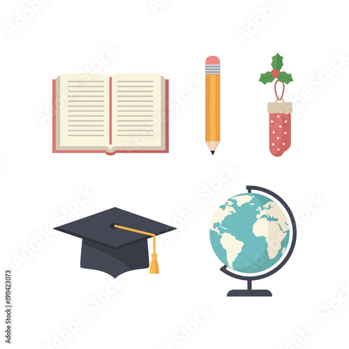 An illustration of education icons including a graduation cap, globe, book, pencil, and Christmas stocking.