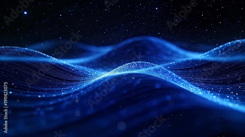 Abstract blue wave light particles with lines on dark background