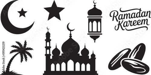 Ramadan kareem black mosque crescent moon star palm tree desig