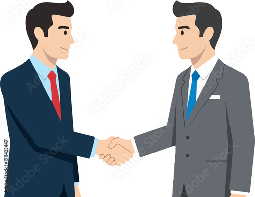 Two men in business attire shaking hands in a gesture of agreement and partnership