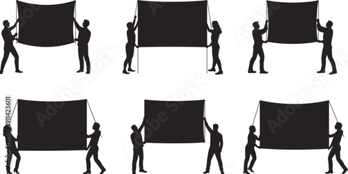 People holding blank banner silhouette set, advertising promotion display black vector illustration isolated on white background design