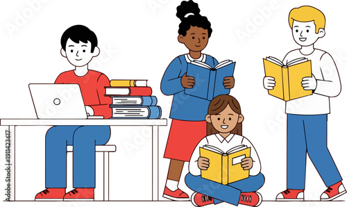 Students Engaged in Reading and Learning Activities in a Modern Educational Setting from a Front Viewpoint