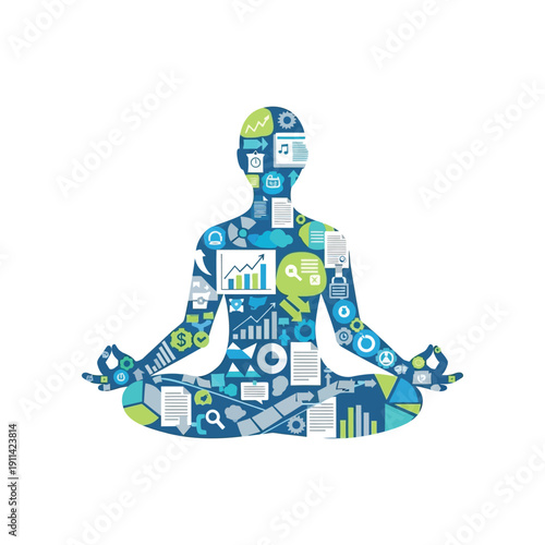 A person meditates in lotus position with business icons on body