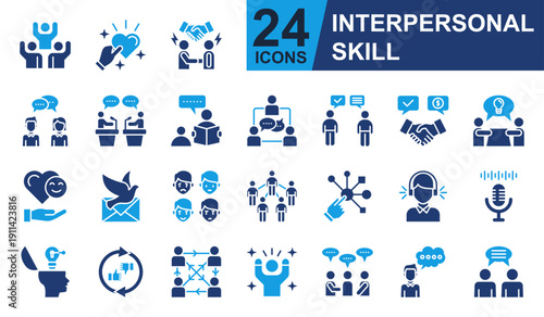 Interpersonal Skill Icons set vector illustration. Containing Respect, Conflict Resolution, Debate, Negotiation Skill, Interactive and more. Simple solid icons collection.