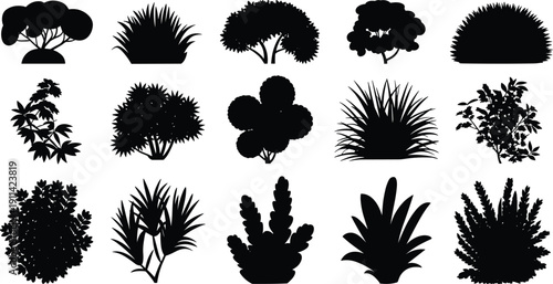 Bush and shrub silhouette collection set, garden plants foliage black vector illustration isolated on white background design