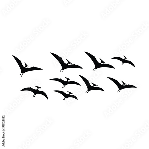 Silhouette Flock of Pterodactyls Flying in Formation.