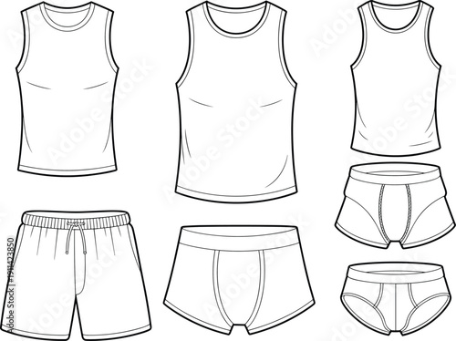 Men underwear and tank top outline set, clothing apparel template vector illustration isolated on white background