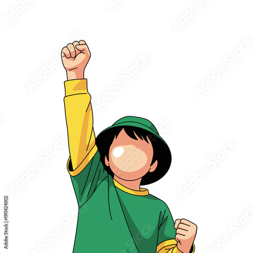 An energetic cartoon character with a blank face raises a triumphant fist into the air, symbolizing victory, protest, or powerful determination against a clean white background.