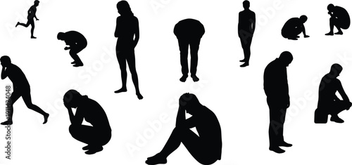 Depressed and stressed people silhouette collection, mental health anxiety sadness emotion black vector illustration isolated on white background