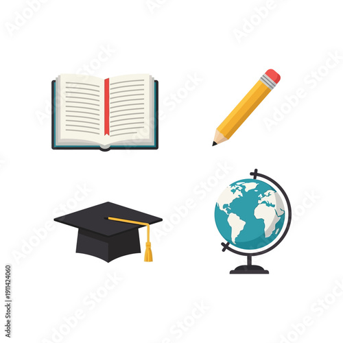 An illustration of education icons including a book, pencil, graduation cap, and globe on a white background.