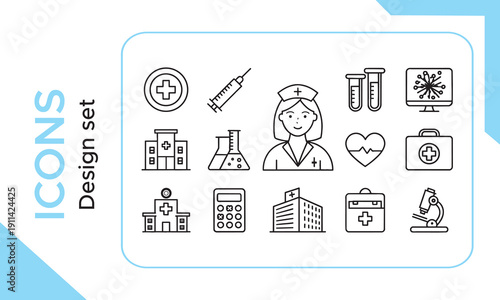 Healthcare medical line icon set. Medicine and hospital outline icons. Clinic, pharmacy, laboratory symbols. Doctor, ambulance, dna, heart, and dental signs. Vector illustration Medical check up icons