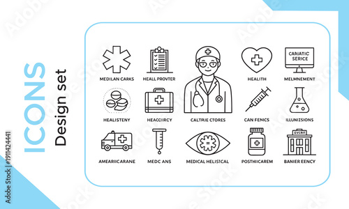 Healthcare medical line icon set. Medicine and hospital outline icons. Clinic, pharmacy, laboratory symbols. Doctor, ambulance, dna, heart, and dental signs. Vector illustration Medical check up icons