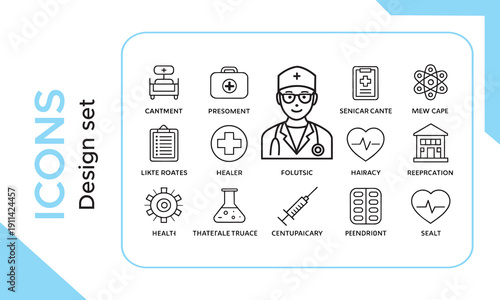 Healthcare medical line icon set. Medicine and hospital outline icons. Clinic, pharmacy, laboratory symbols. Doctor, ambulance, dna, heart, and dental signs. Vector illustration Medical check up icons
