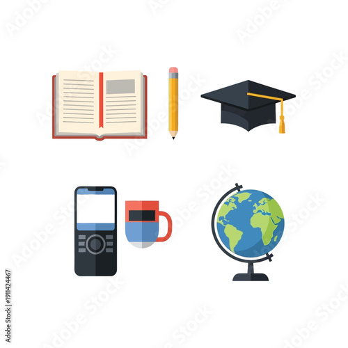 The illustration shows education icons on a white background with a graduation cap, book, globe, phone, and coffee cup.