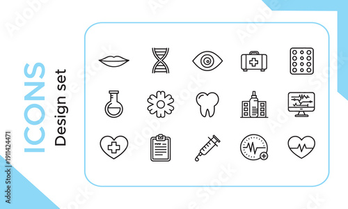 Healthcare medical line icon set. Medicine and hospital outline icons. Clinic, pharmacy, laboratory symbols. Doctor, ambulance, dna, heart, and dental signs. Vector illustration Medical check up icons