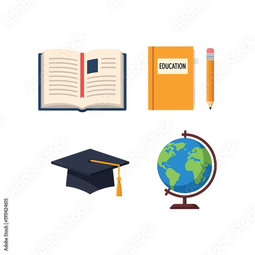 Education icons with book, graduation cap, and globe on a desk for learning