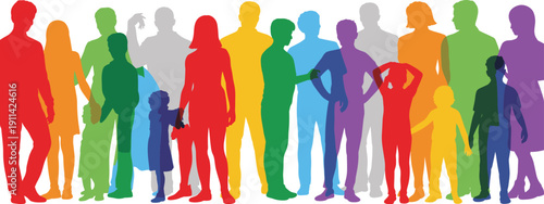 Colorful diverse people silhouettes group, multicultural community men women and children standing together isolated vector illustration
