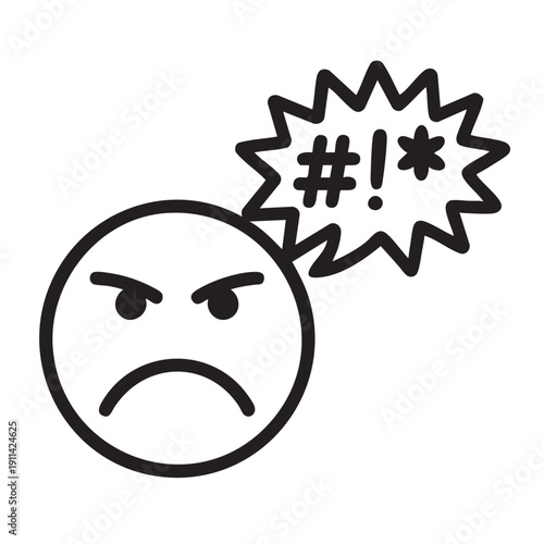 An angry emoticon with a frowning face and furrowed eyebrows expresses displeasure in a simple vector illustration from a straightforward viewpoint