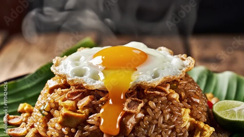 Chef placing fried egg on Nasi Goreng fried rice with runny yolk 4K Video