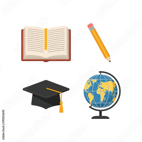 Education icons with book, pencil, graduation cap, and globe on a white background