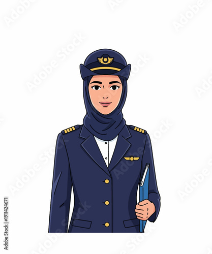 Female flight attendant in navy uniform holding pen smiling professional aviation service