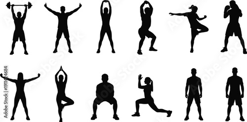 Collection of fitness and workout silhouettes of men and women exercising, lifting weights, stretching and boxing isolated on white background