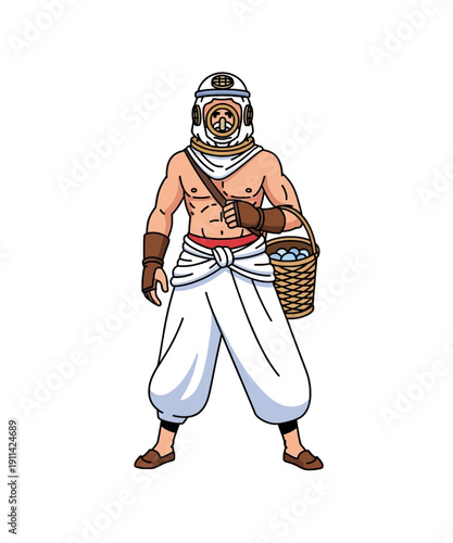 Sumo wrestler in traditional mawashi holding basket isolated on white background